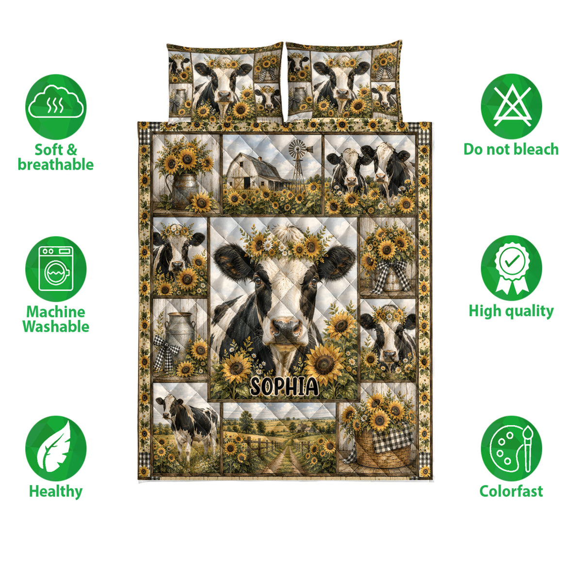 Dairy cow quilt bedding set shown with sunflower artwork and visual feature icons