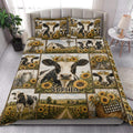 Dairy cow quilt blanket styled on a bed with sunflower, barn, windmill, and countryside scenes