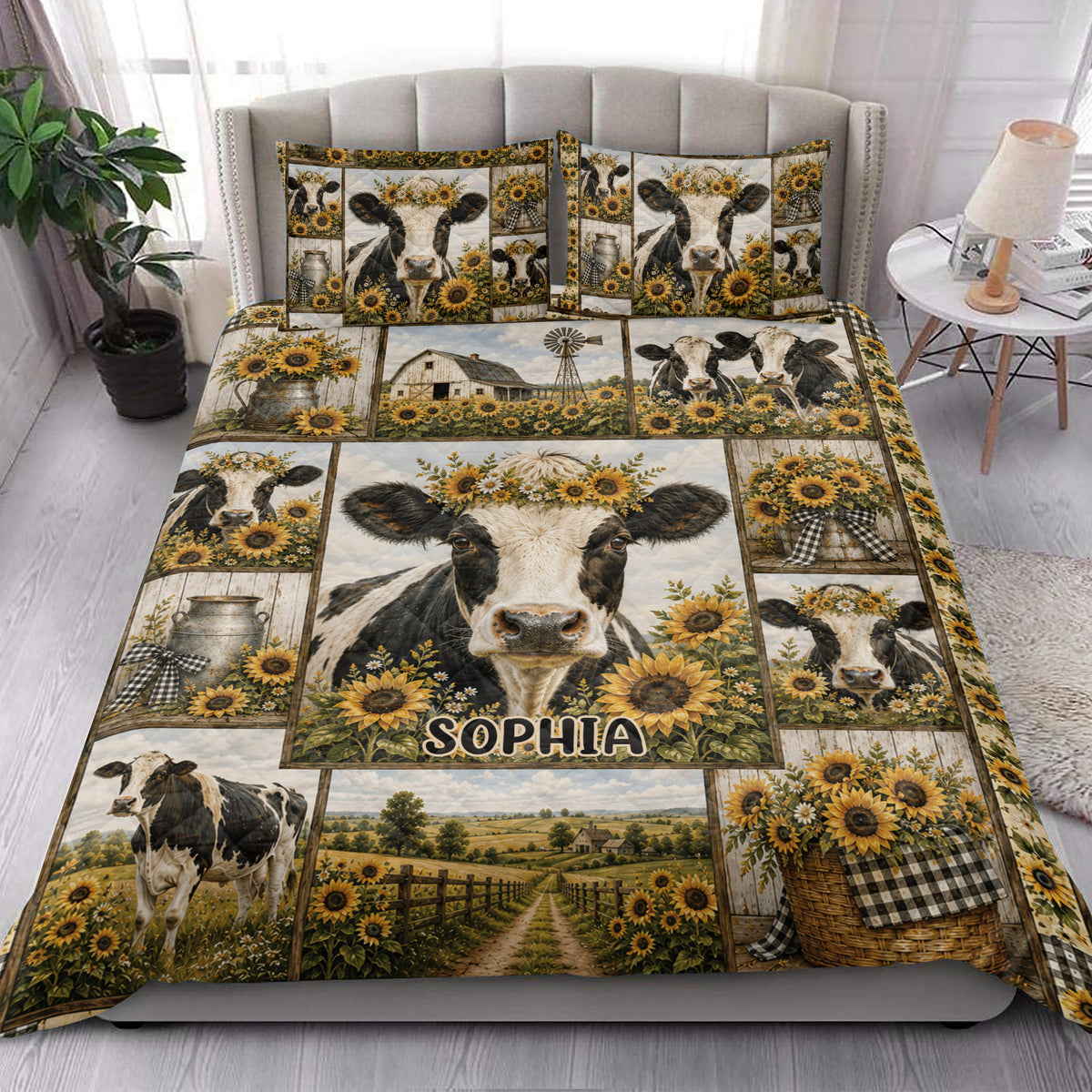 Dairy cow quilt blanket styled on a bed with sunflower, barn, windmill, and countryside scenes