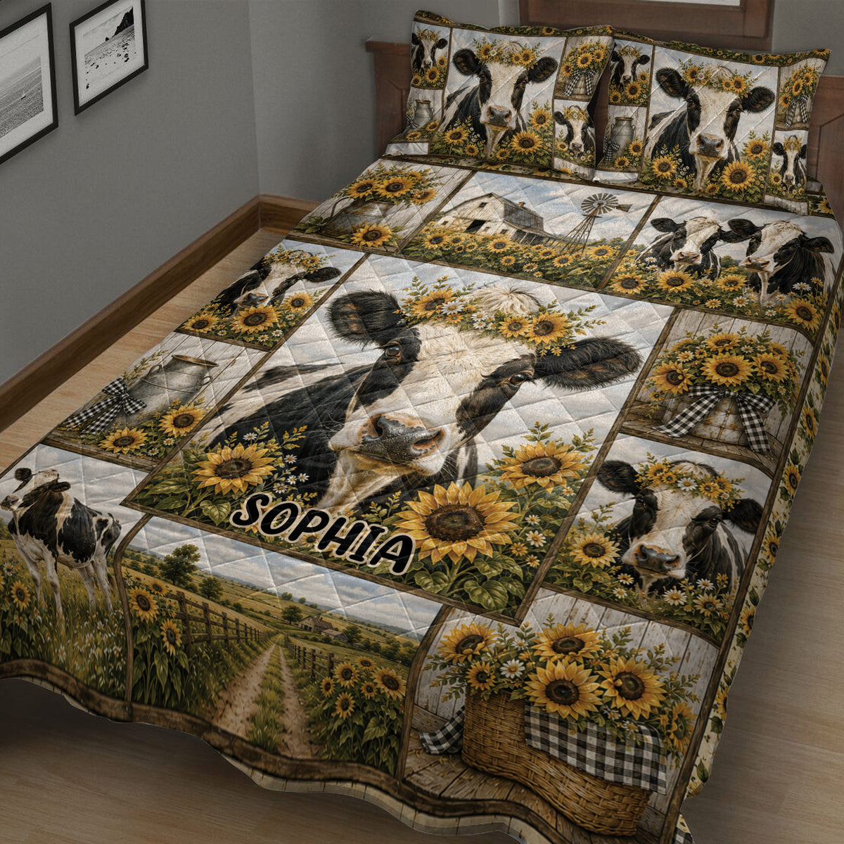 Rustic dairy cow quilt bedding displayed in a bedroom with sunflower and farmhouse artwork