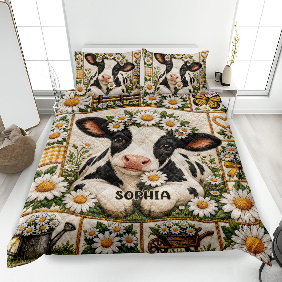 Dairy cow quilt blanket spread across a bed with daisy flowers, farmhouse panels, and matching cow artwork