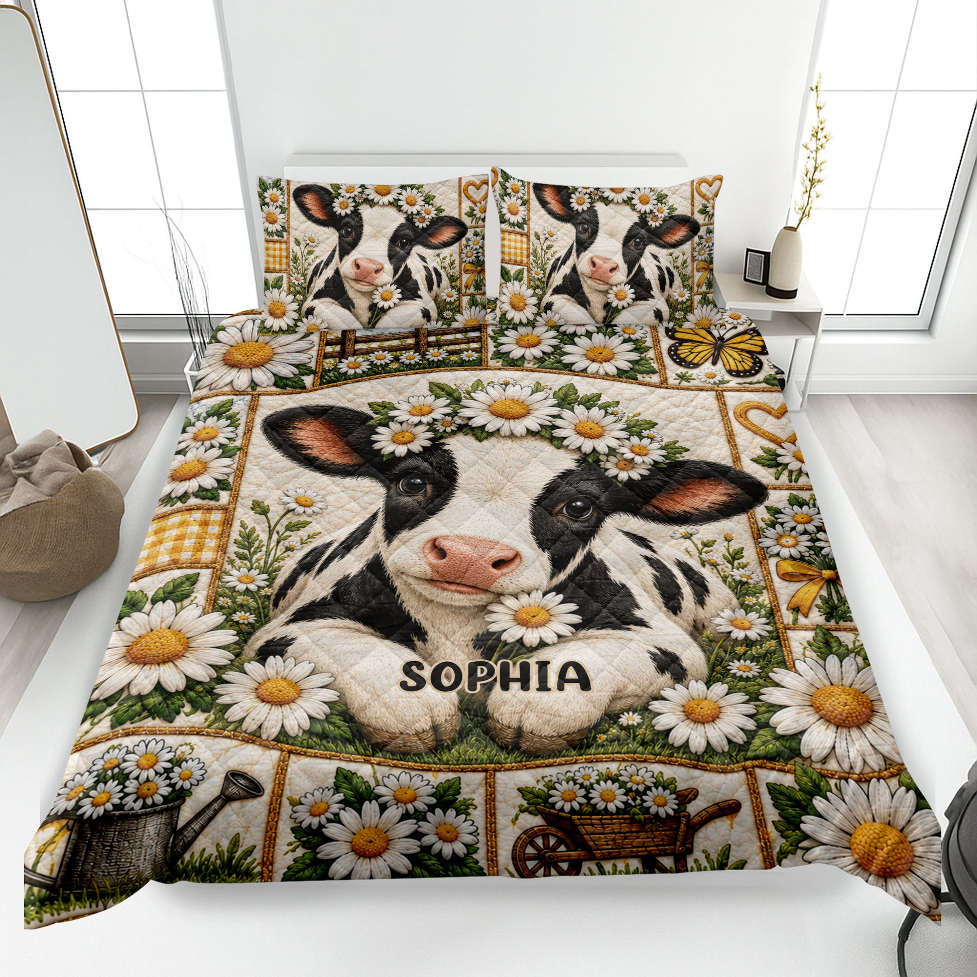 Dairy cow quilt blanket spread across a bed with daisy flowers, farmhouse panels, and matching cow artwork