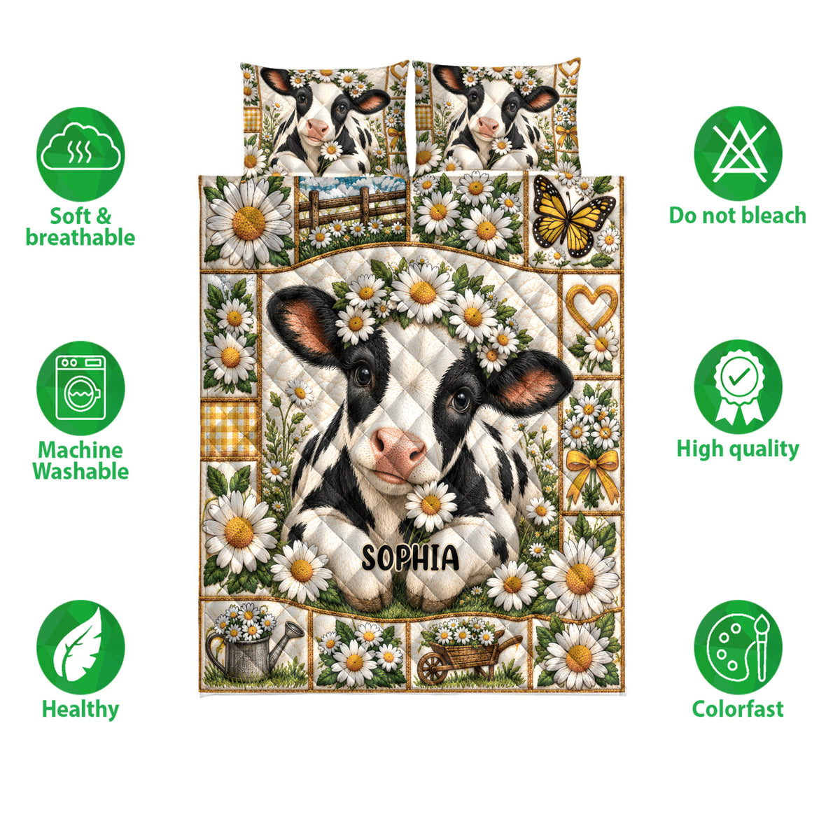 Dairy cow quilt blanket shown with floral farm artwork and soft, breathable, washable care feature icons