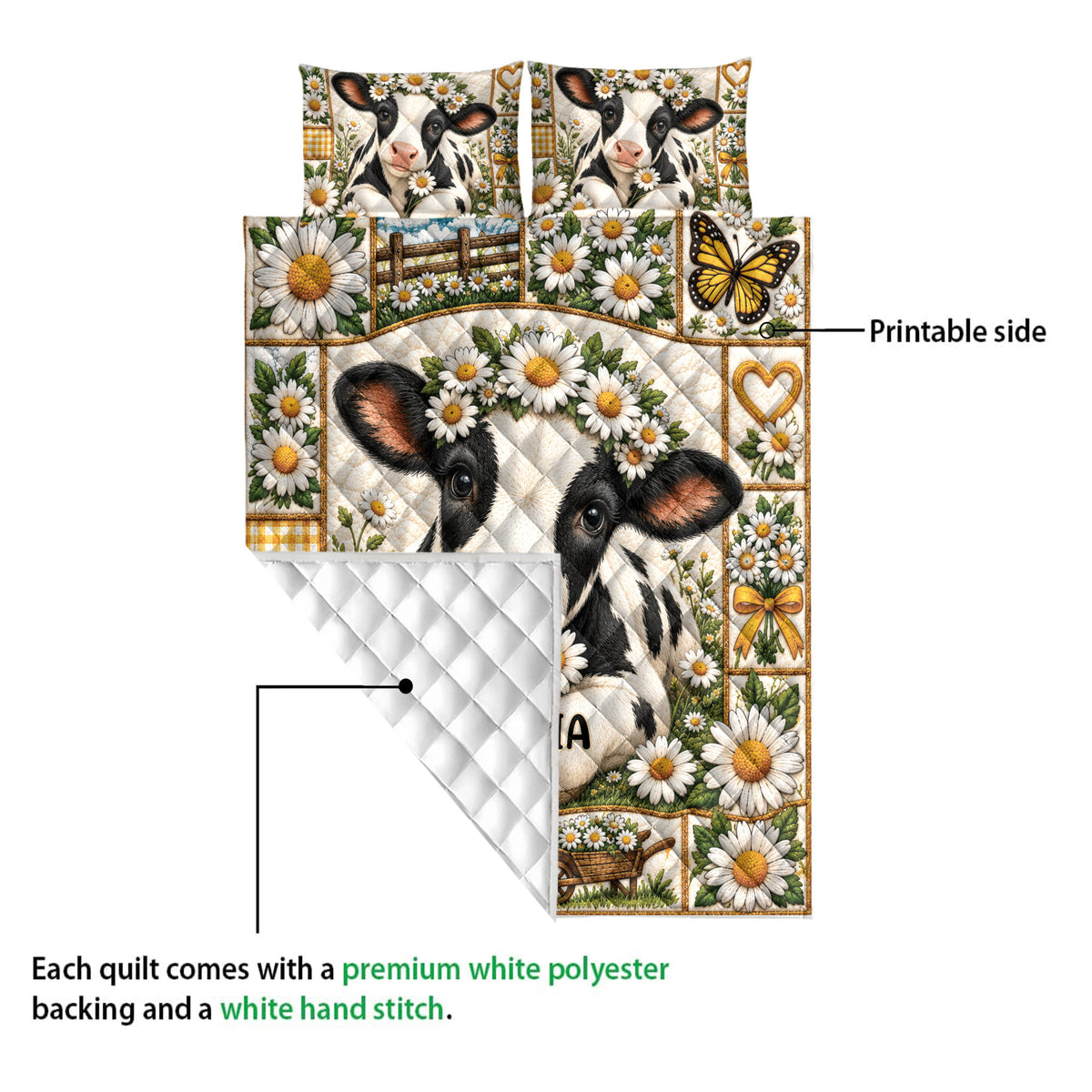 Dairy cow quilt blanket showing its printed floral farm design and white quilted backing