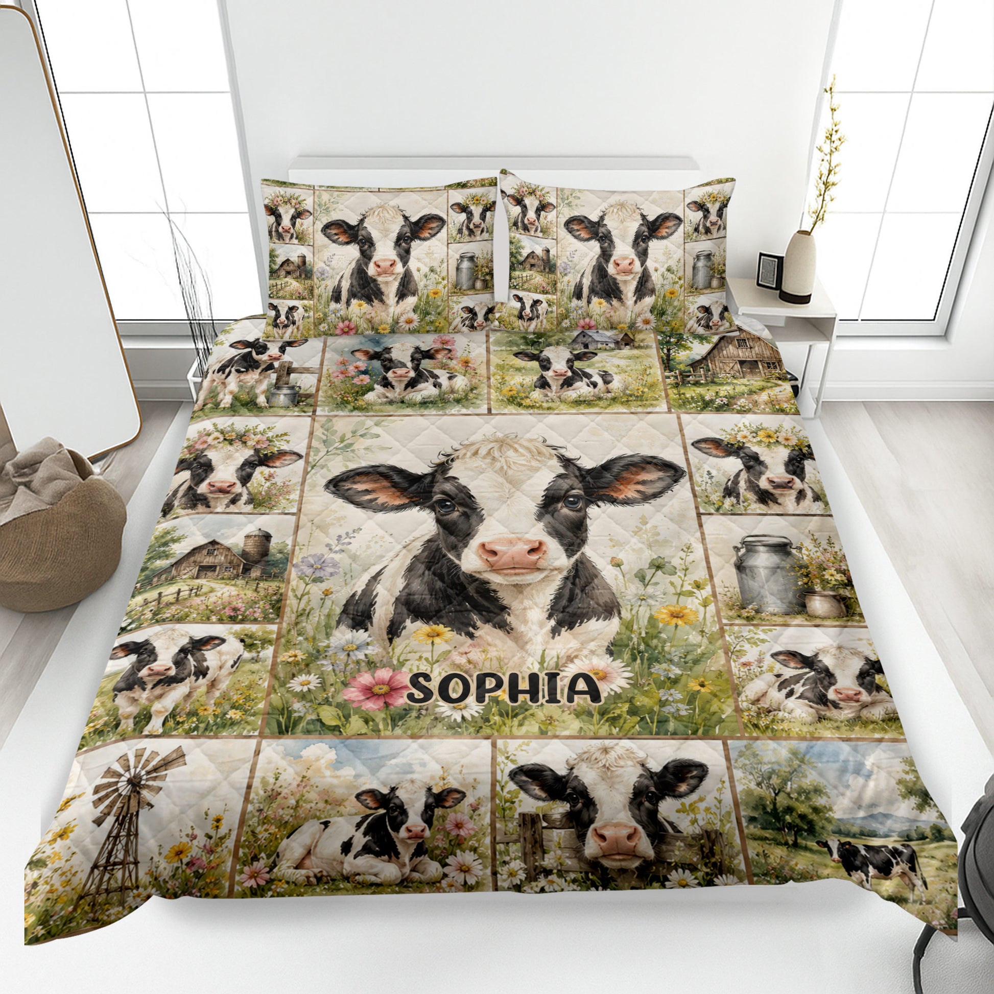 Dairy cow quilt blanket displayed on a bed with floral farm scenes and coordinated cow pillowcases