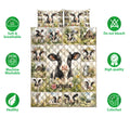 Dairy cow quilt bedding set shown with soft breathable and machine washable feature icons
