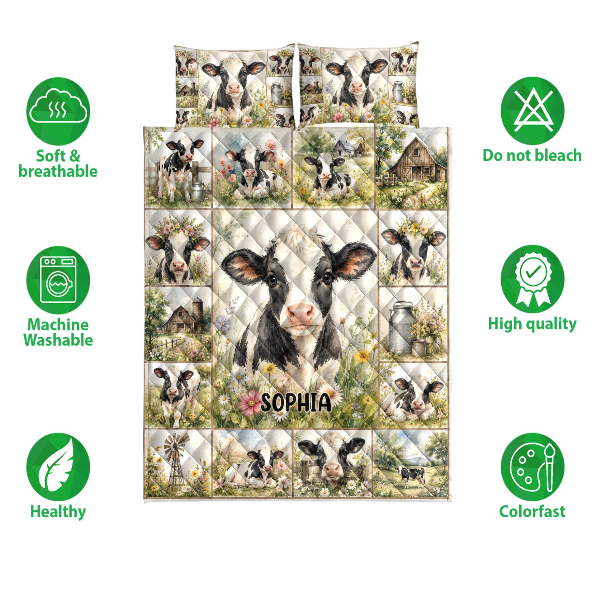 Dairy cow quilt bedding set shown with soft breathable and machine washable feature icons