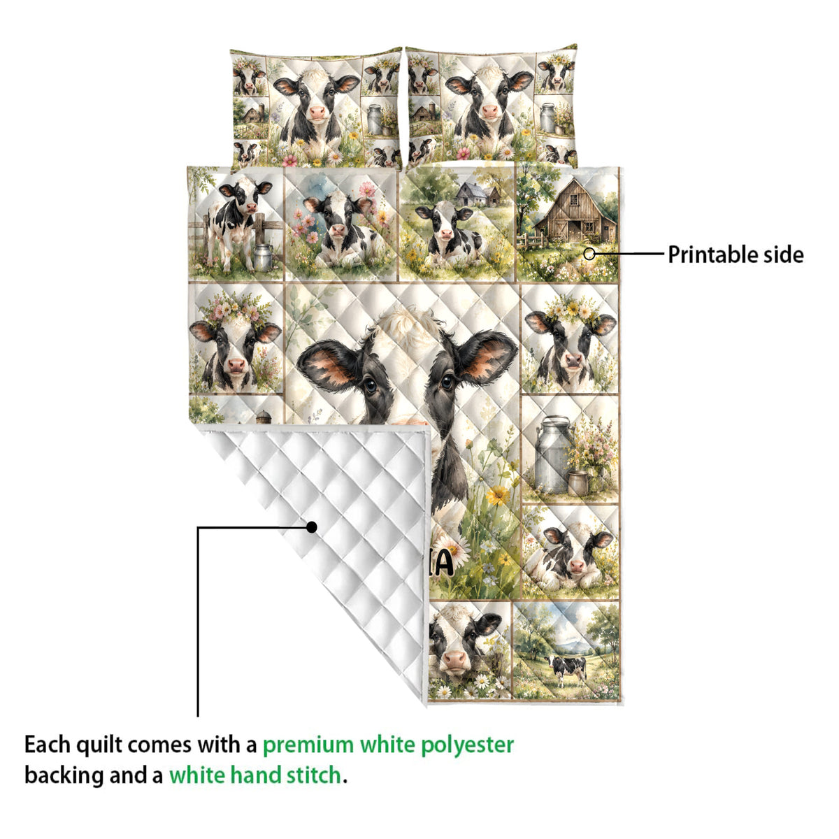 Dairy cow quilt showing the printed farm artwork side and white diamond-stitched backing