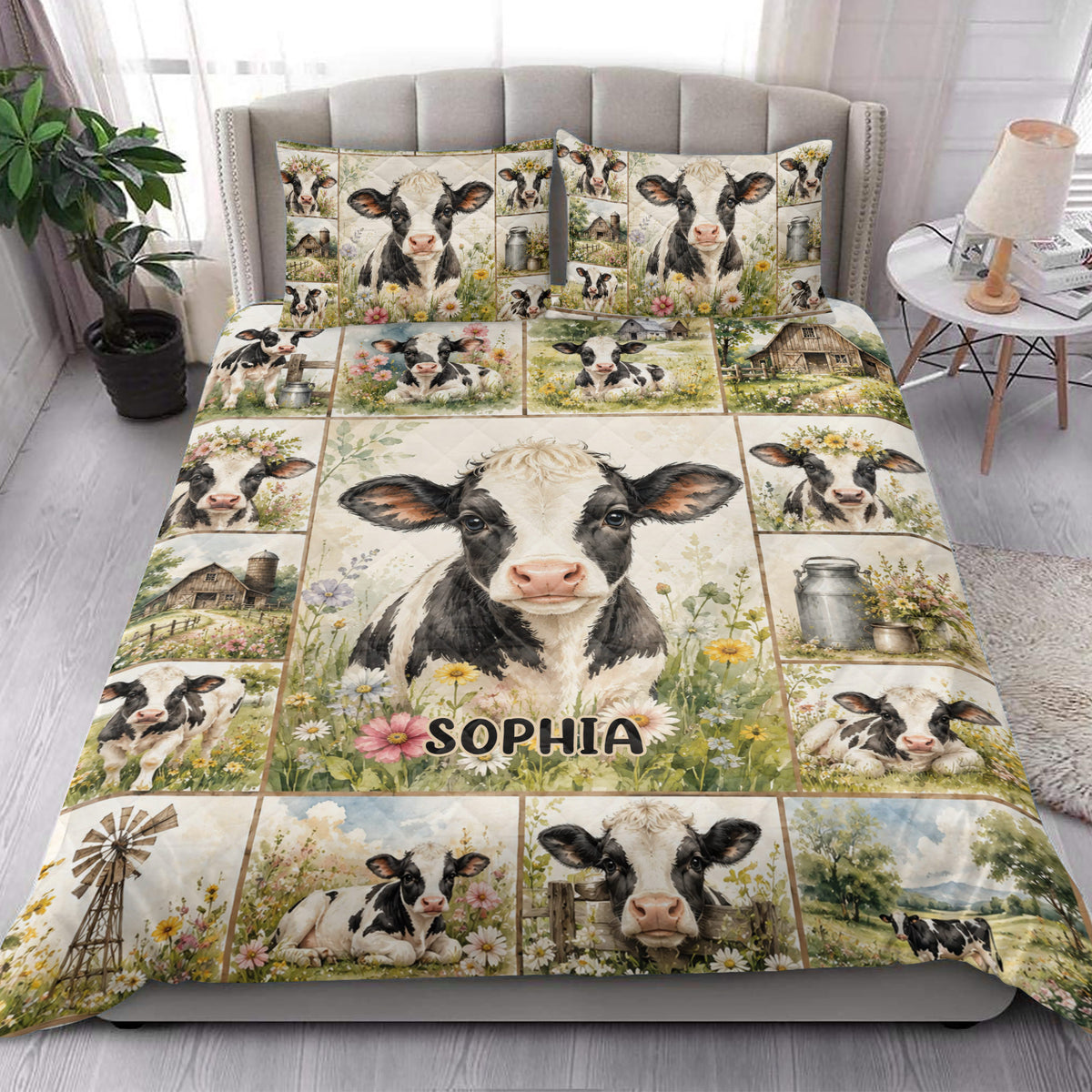 Dairy cow quilt blanket styled on a bright bedroom bed with floral countryside artwork