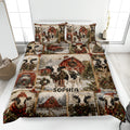 Dairy cow quilt blanket on a bed with snowy barns, wreaths, Christmas trees, and farmhouse artwork