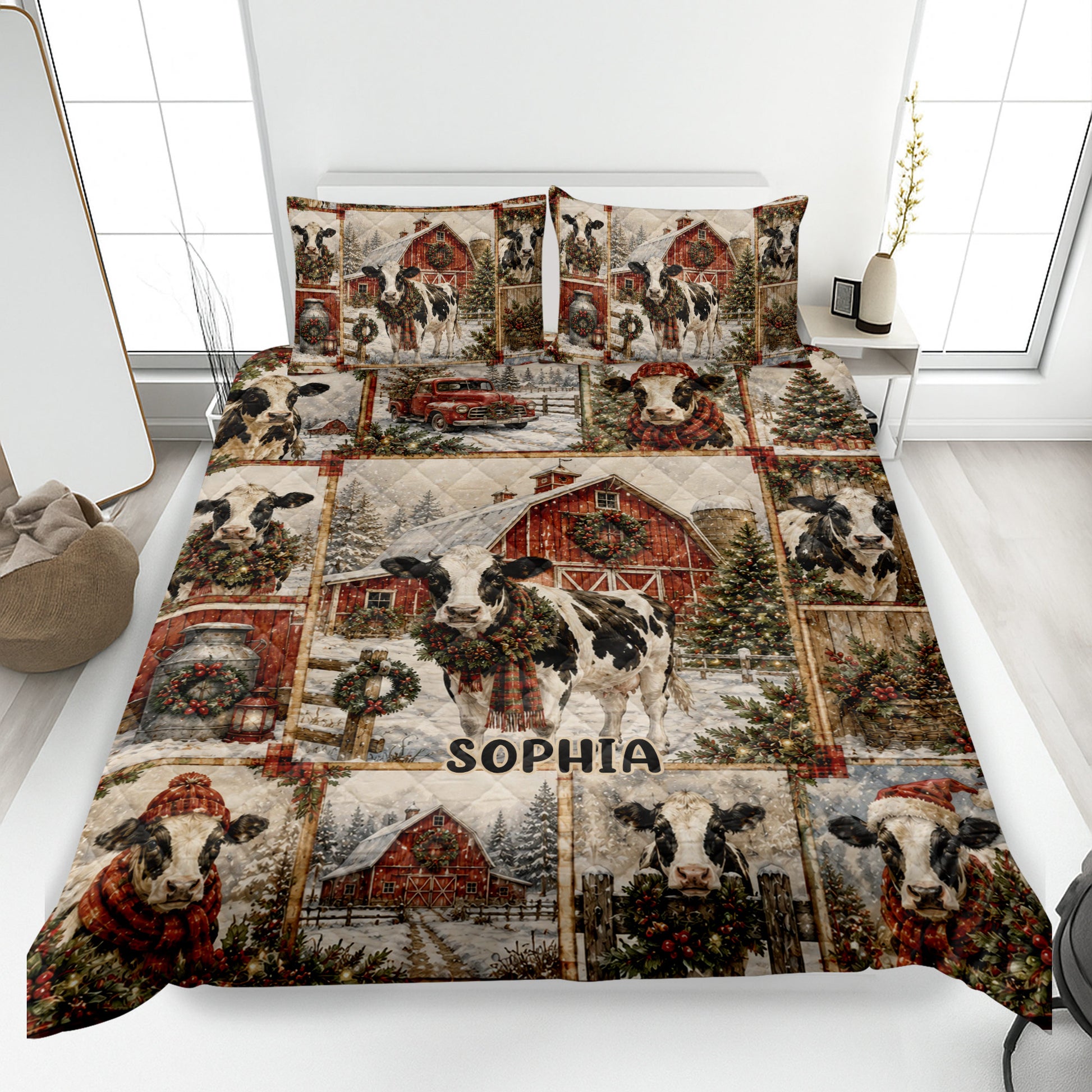 Dairy cow quilt blanket on a bed with snowy barns, wreaths, Christmas trees, and farmhouse artwork
