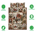 Dairy cow quilt bedding set displayed with farmhouse holiday artwork and product feature icons