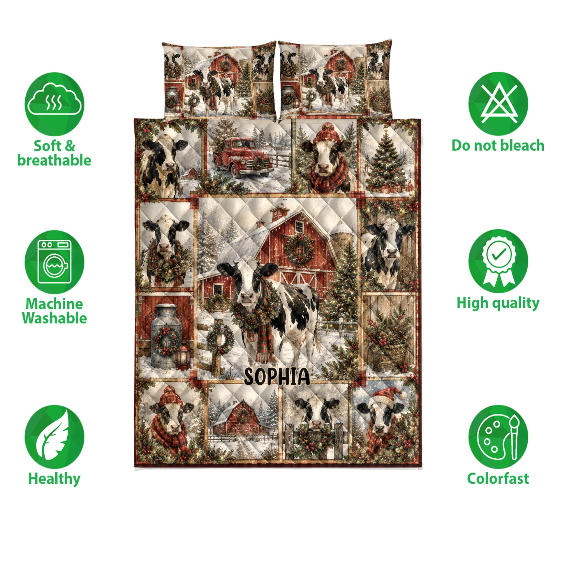 Dairy cow quilt bedding set displayed with farmhouse holiday artwork and product feature icons