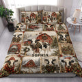 Dairy cow Christmas quilt blanket styled on a bed in a bright farmhouse bedroom