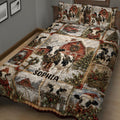 Close bedroom view of dairy cow quilt bedding with snowy barns, scarves, wreaths, and holiday trees