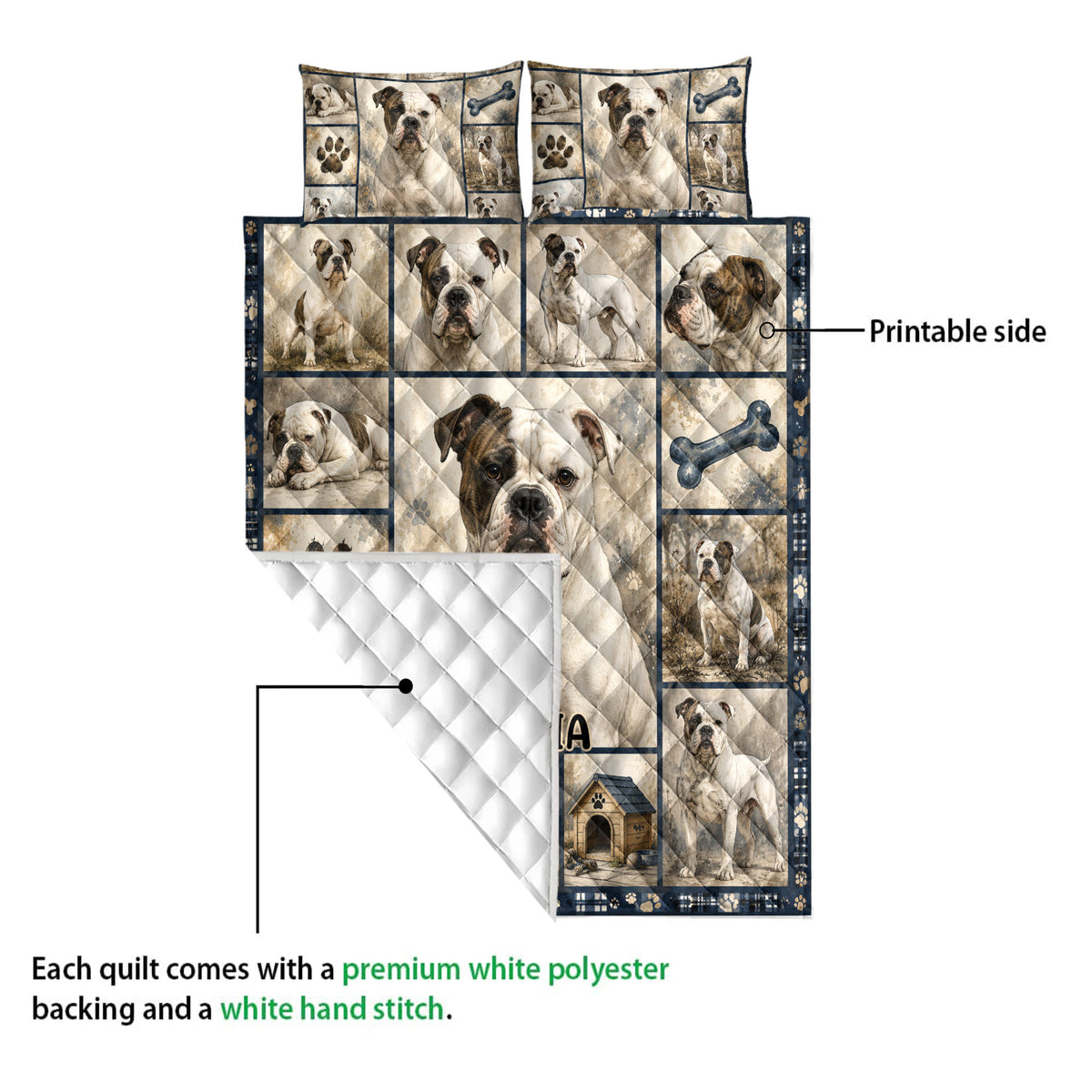American Bulldog quilt blanket detail showing the printed front and white diamond-stitched backing