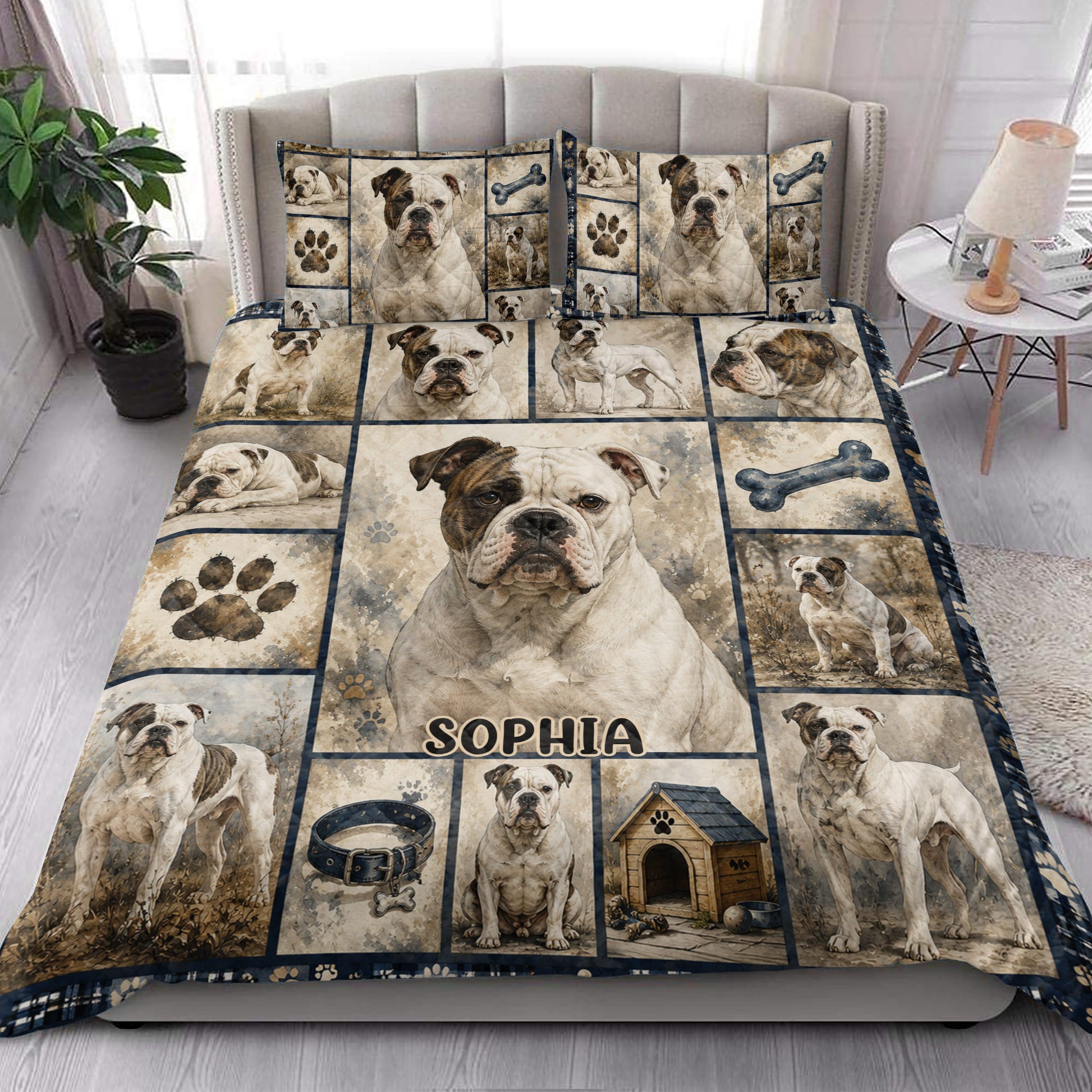 American Bulldog quilt bedding styled in a bright bedroom with bulldog portraits and paw print artwork