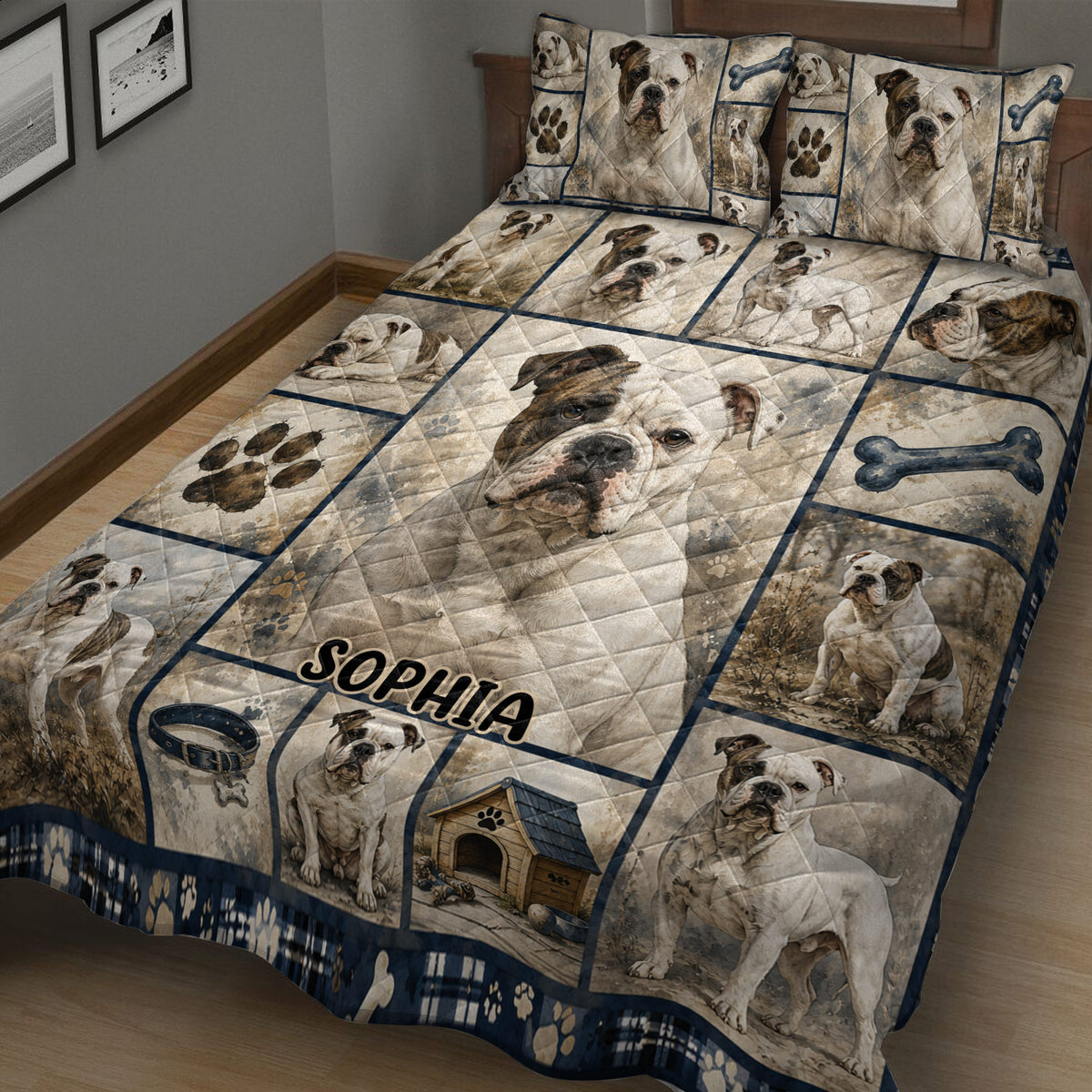 Close bedroom view of an American Bulldog quilt blanket with bulldog portraits, bones, paws, and rustic tones
