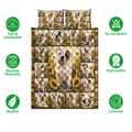 Bulldog quilt bedding set shown with sunflower artwork and feature icons for softness, washing, and color