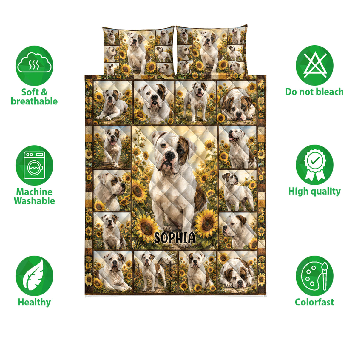 Bulldog quilt bedding set shown with sunflower artwork and feature icons for softness, washing, and color