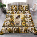 Bulldog quilt blanket styled in a bright bedroom with sunflower and dog portrait artwork