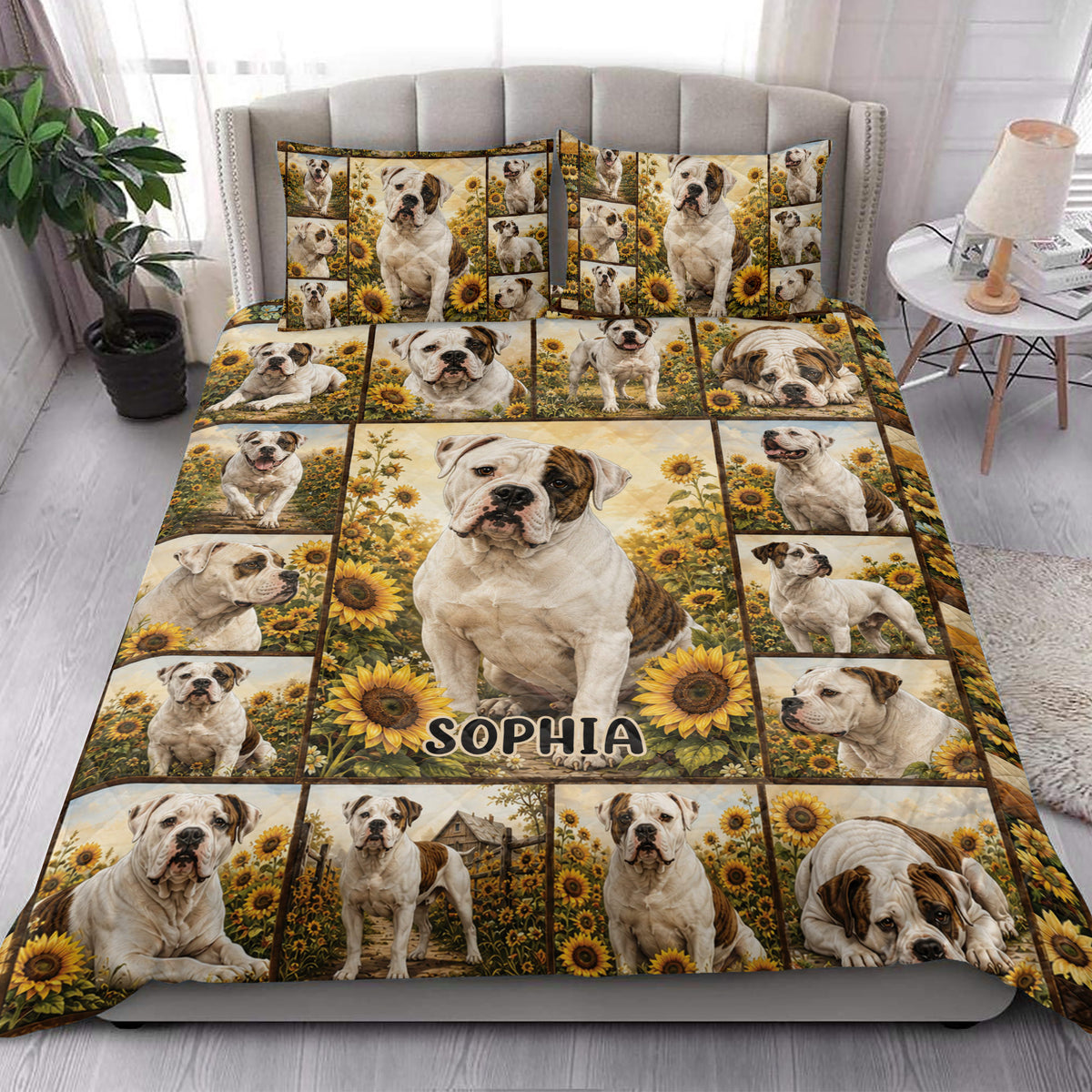 Bulldog quilt blanket styled in a bright bedroom with sunflower and dog portrait artwork