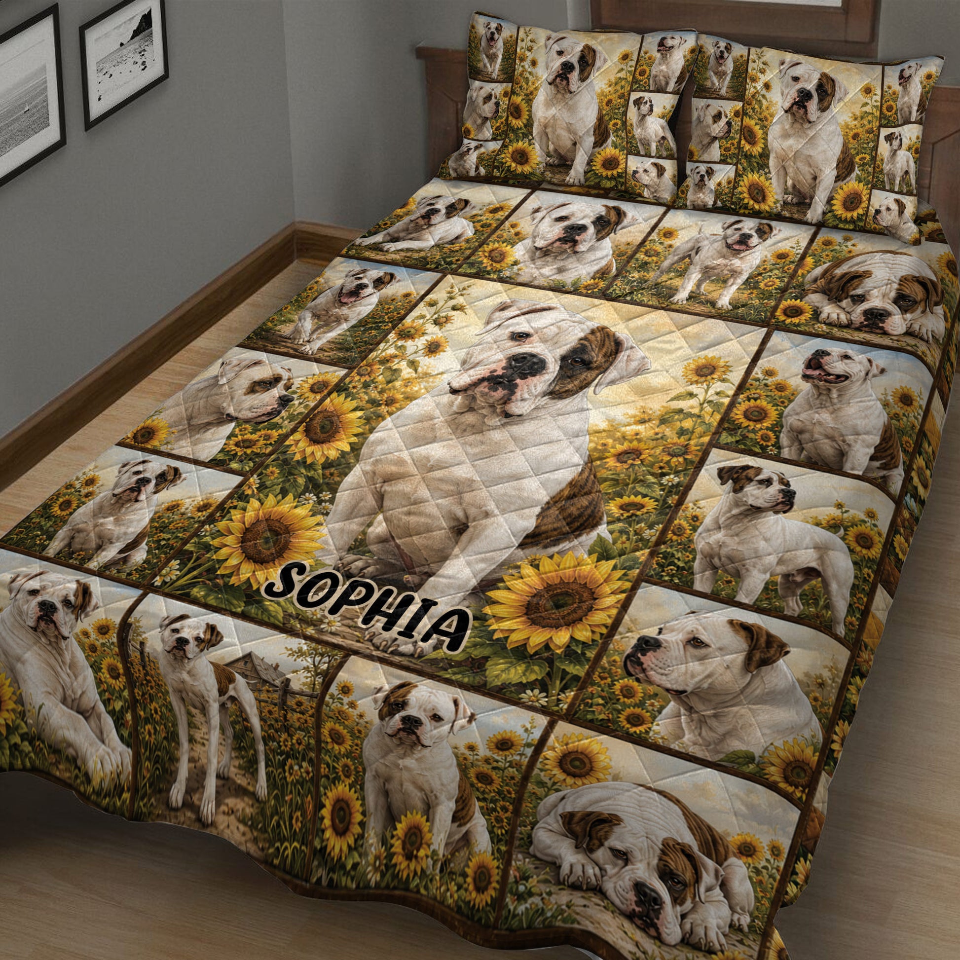 Close bedroom view of a bulldog quilt blanket featuring large portraits and sunflower meadow scenes