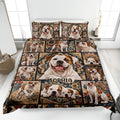 American Bulldog quilt blanket displayed on a modern bed with ornate floral artwork and matching pillow designs