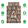 American Bulldog quilt bedding set displayed with care and quality feature icons around the printed dog artwork