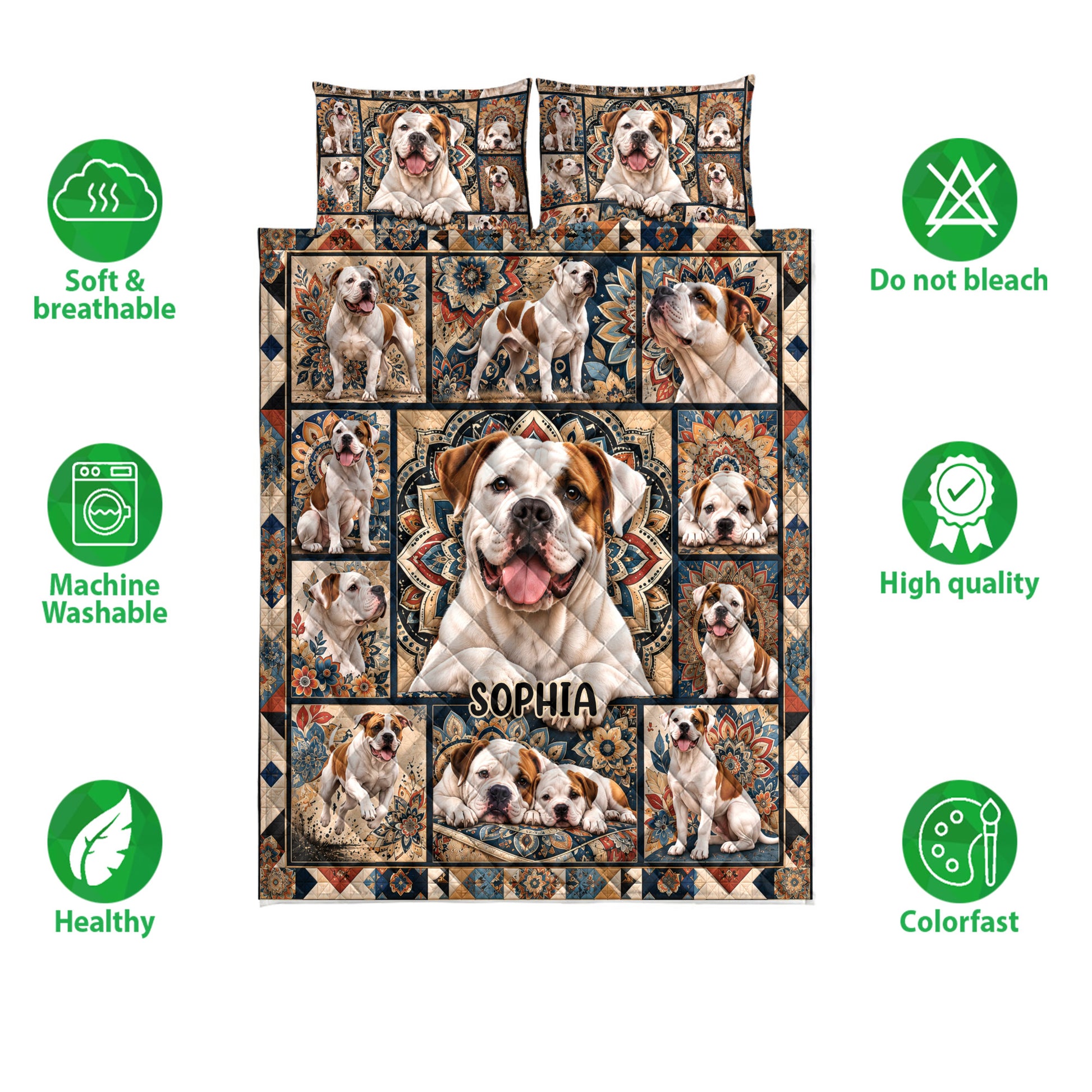 American Bulldog quilt bedding set displayed with care and quality feature icons around the printed dog artwork