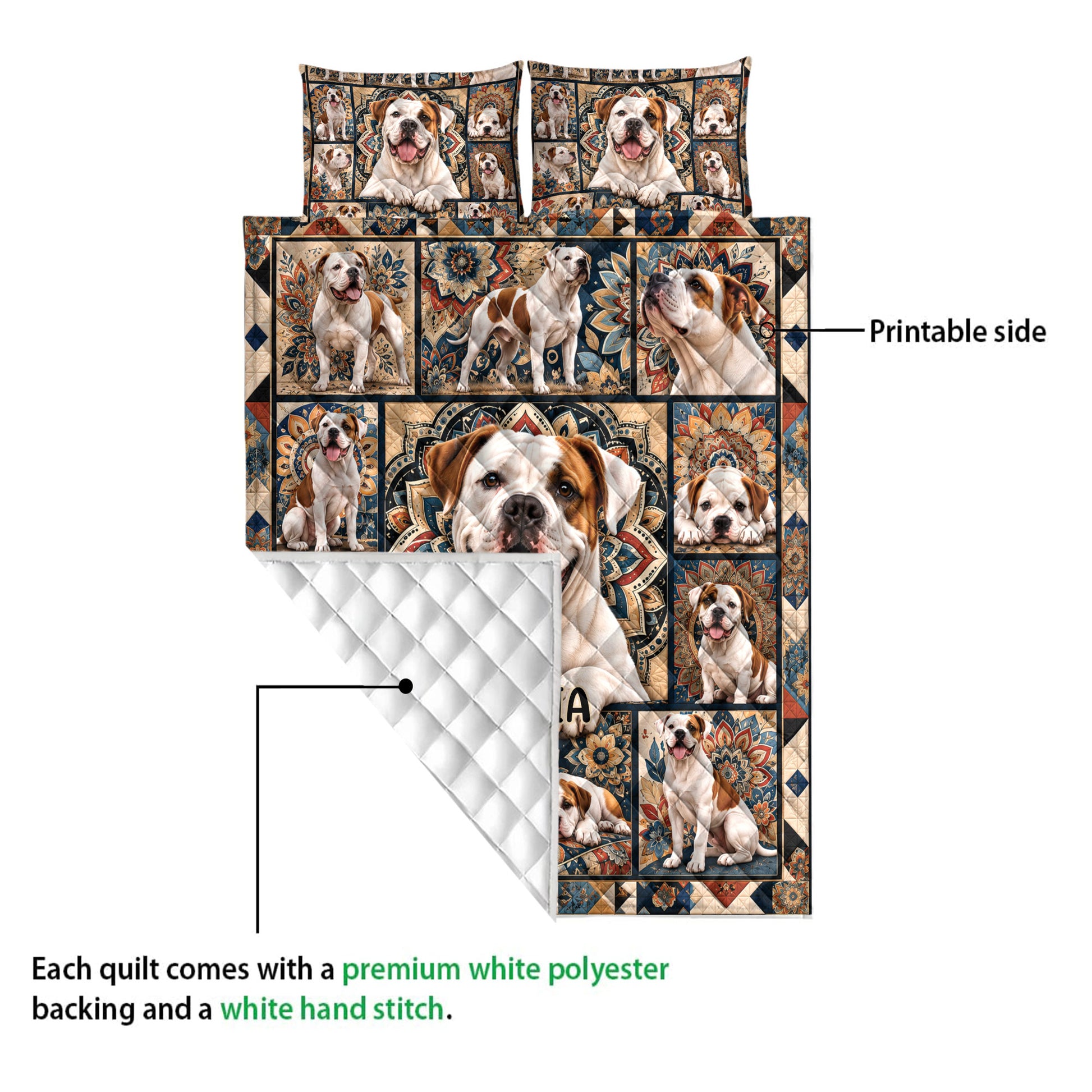 American Bulldog quilt showing the printed front design and white quilted reverse in a product detail view
