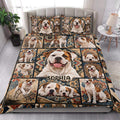 American Bulldog quilt blanket styled in a bright bedroom with portrait panels and ornate blue, tan, and red artwork