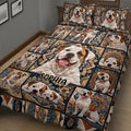 American Bulldog quilt bedding set shown in a cozy bedroom with repeated dog portraits and decorative mandala patterns