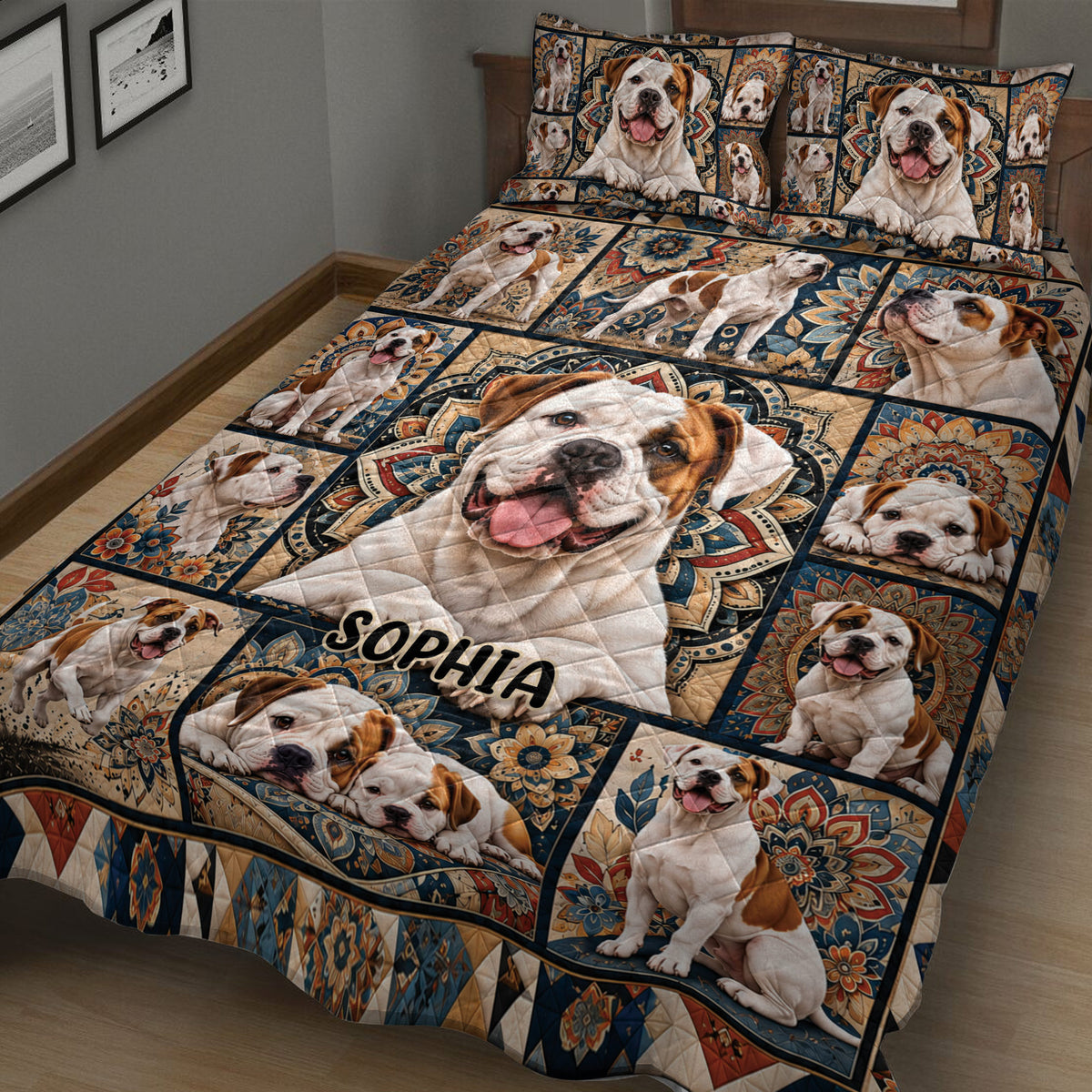 American Bulldog quilt bedding set shown in a cozy bedroom with repeated dog portraits and decorative mandala patterns