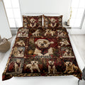 American Bulldog Christmas quilt blanket displayed on a bed with matching bulldog artwork and festive red decor