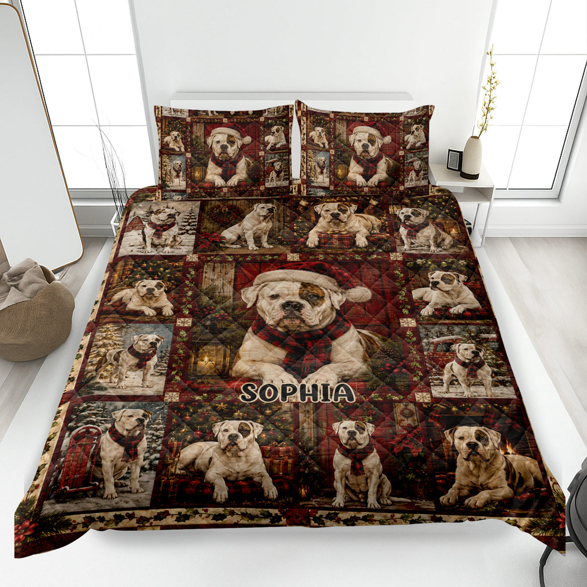 American Bulldog Christmas quilt blanket displayed on a bed with matching bulldog artwork and festive red decor