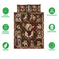 American Bulldog Christmas quilt bedding set shown with bulldog scenes, festive colors, and product feature icons