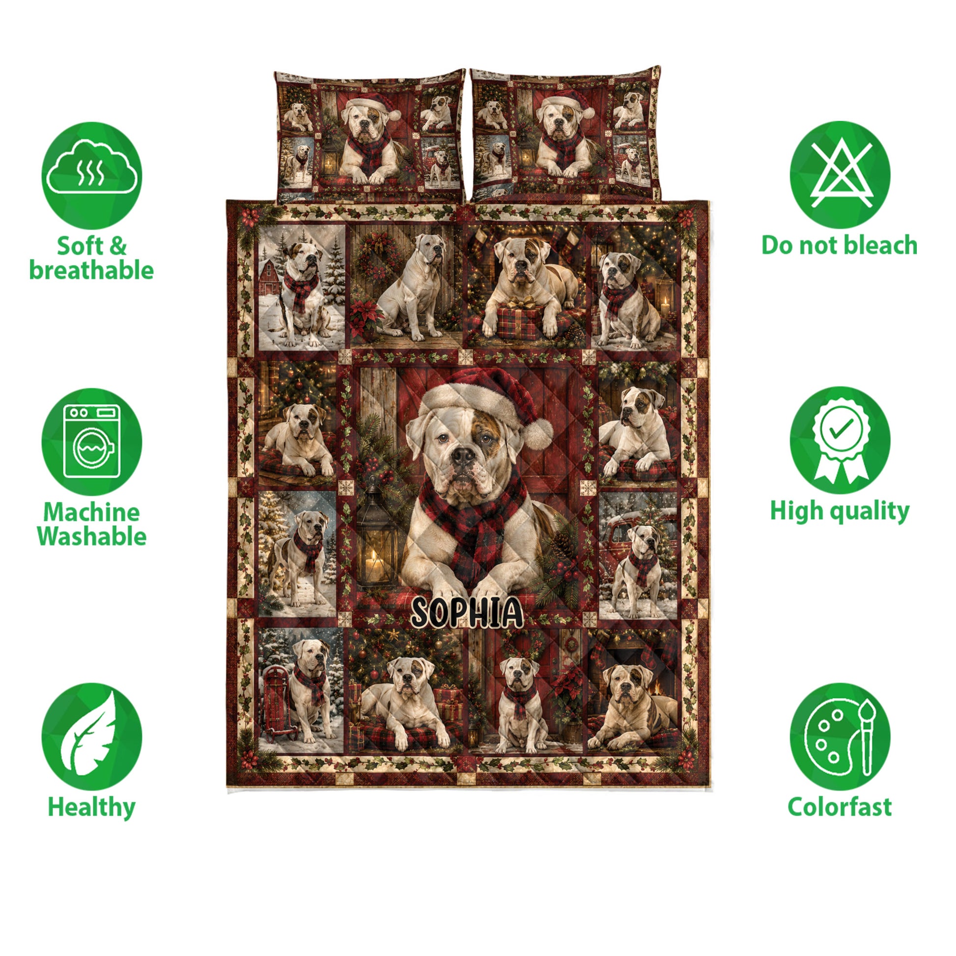 American Bulldog Christmas quilt bedding set shown with bulldog scenes, festive colors, and product feature icons