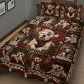 Close bedroom view of an American Bulldog Christmas quilt blanket with repeated bulldog holiday scenes