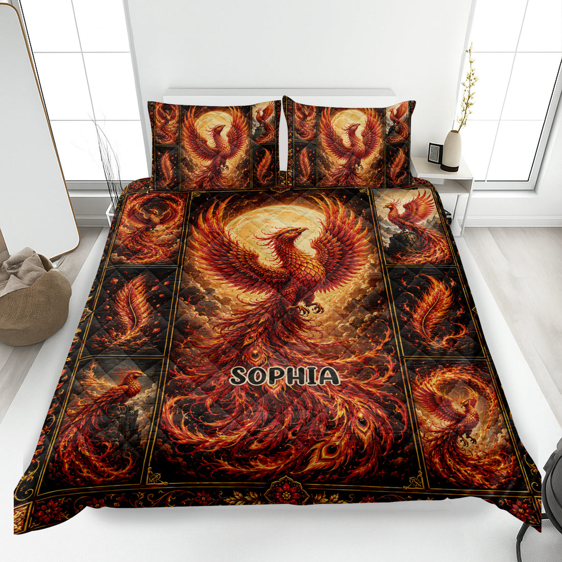 Fiery phoenix quilt bedding set displayed on a bed with dramatic red, orange, gold, and black artwork