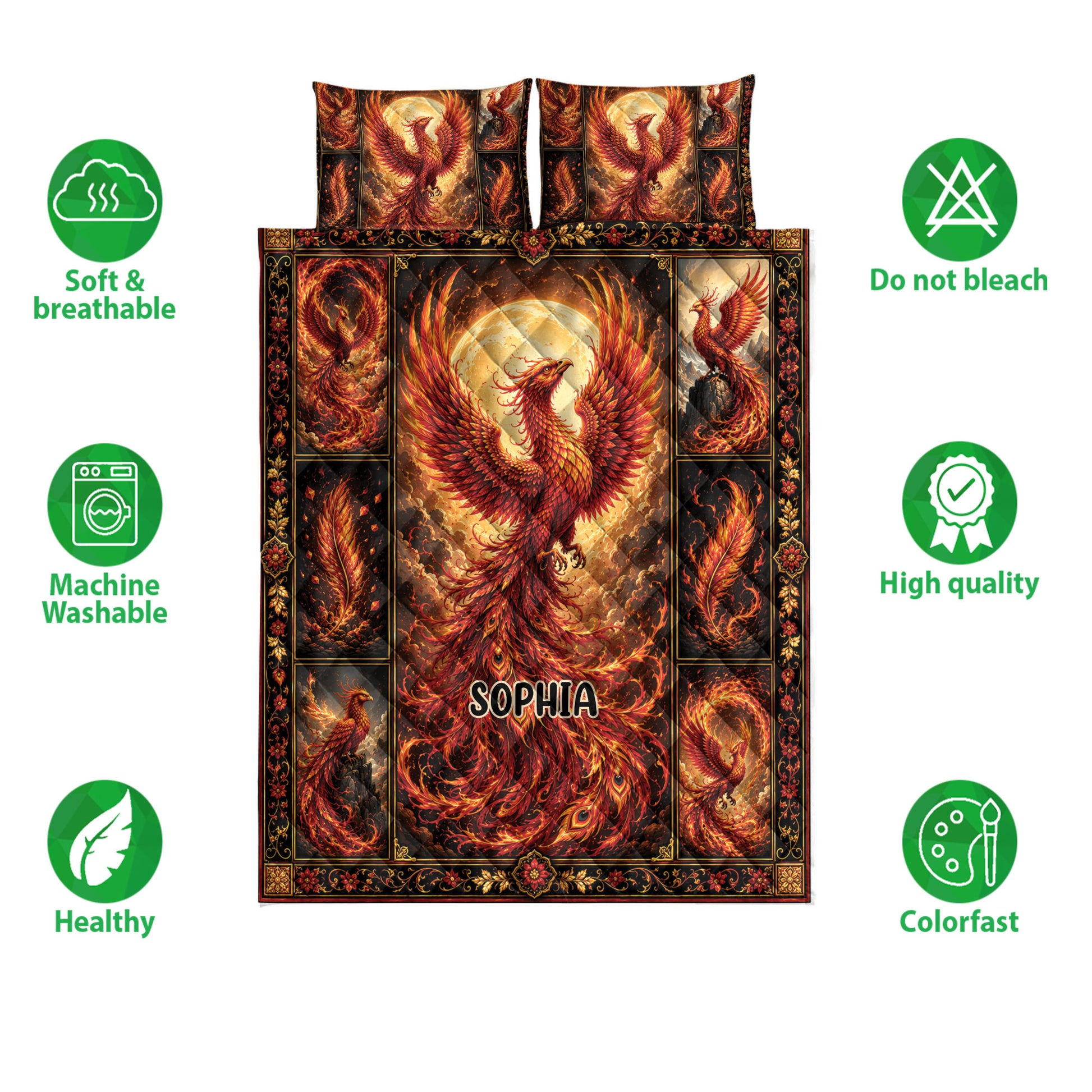 Phoenix quilt bedding set shown with soft breathable, washable, colorful, and quality feature icons