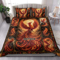 Fiery phoenix quilt blanket styled across a bedroom with matching phoenix artwork at the head of the bed