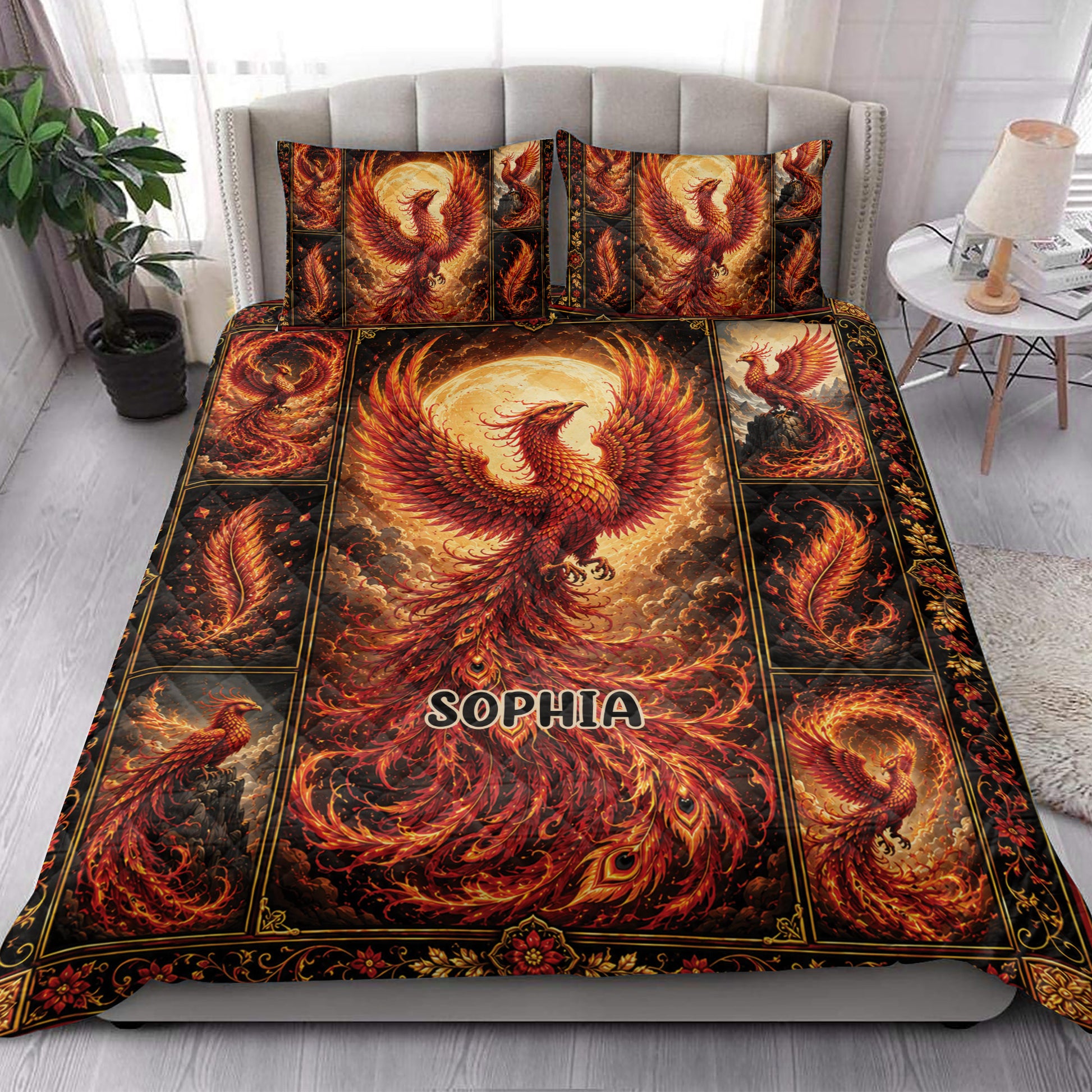 Fiery phoenix quilt blanket styled across a bedroom with matching phoenix artwork at the head of the bed