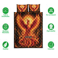 Phoenix quilt blanket bedding set shown with soft, breathable, washable, and colorfast feature icons