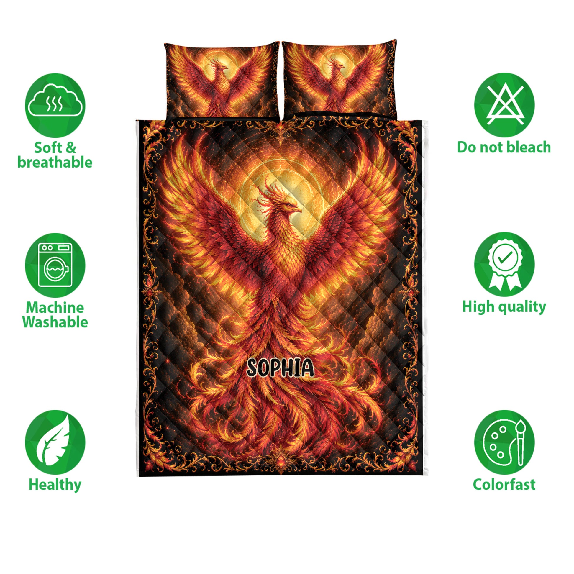 Phoenix quilt blanket bedding set shown with soft, breathable, washable, and colorfast feature icons