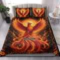 Phoenix quilt blanket styled in a bright bedroom with dramatic red and gold bird artwork