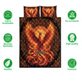 Phoenix quilt bedding set shown with vibrant artwork and soft, breathable, washable feature icons