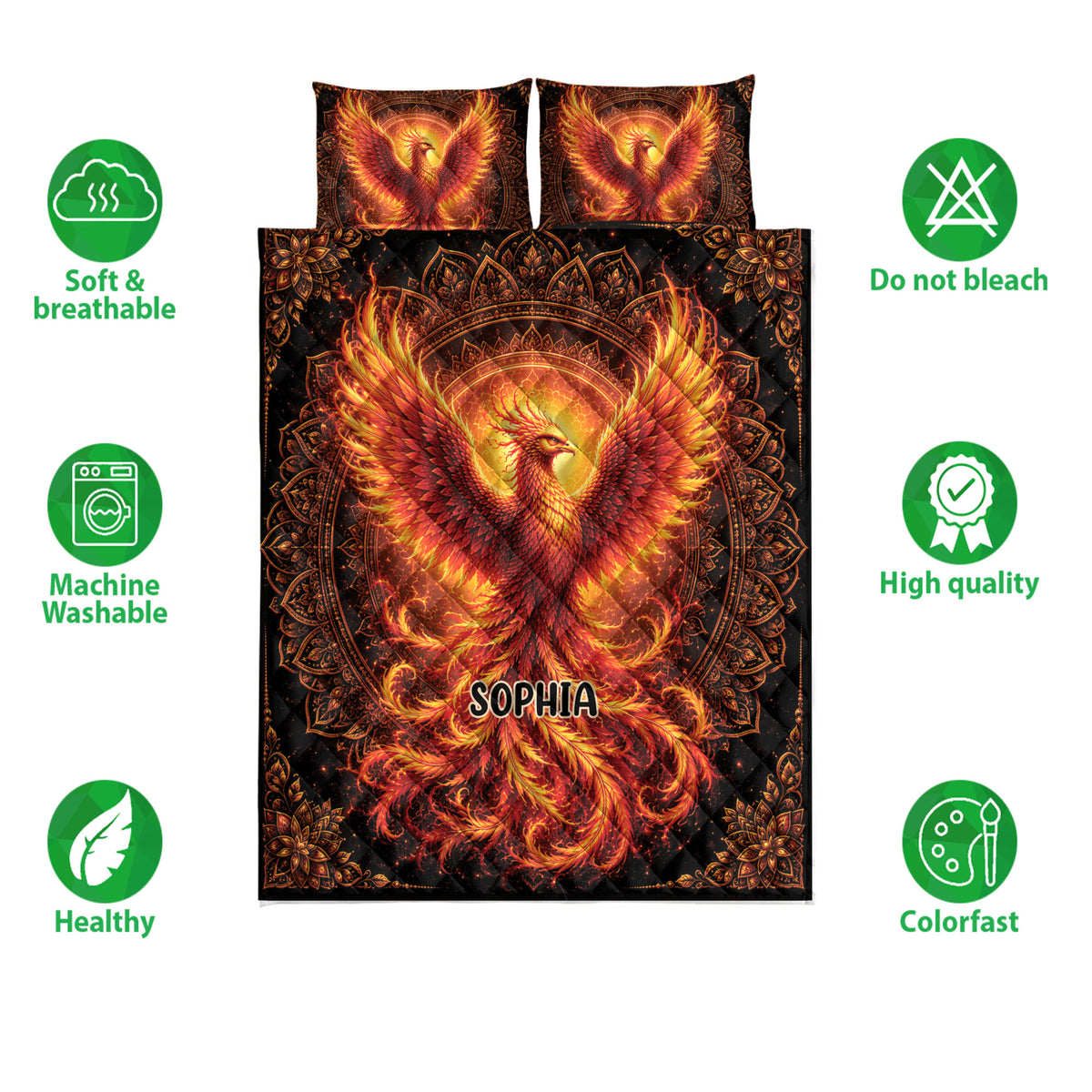 Phoenix quilt bedding set shown with vibrant artwork and soft, breathable, washable feature icons