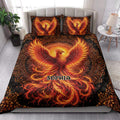 Phoenix quilt bedding set styled in a bright bedroom with dramatic orange, red and black artwork