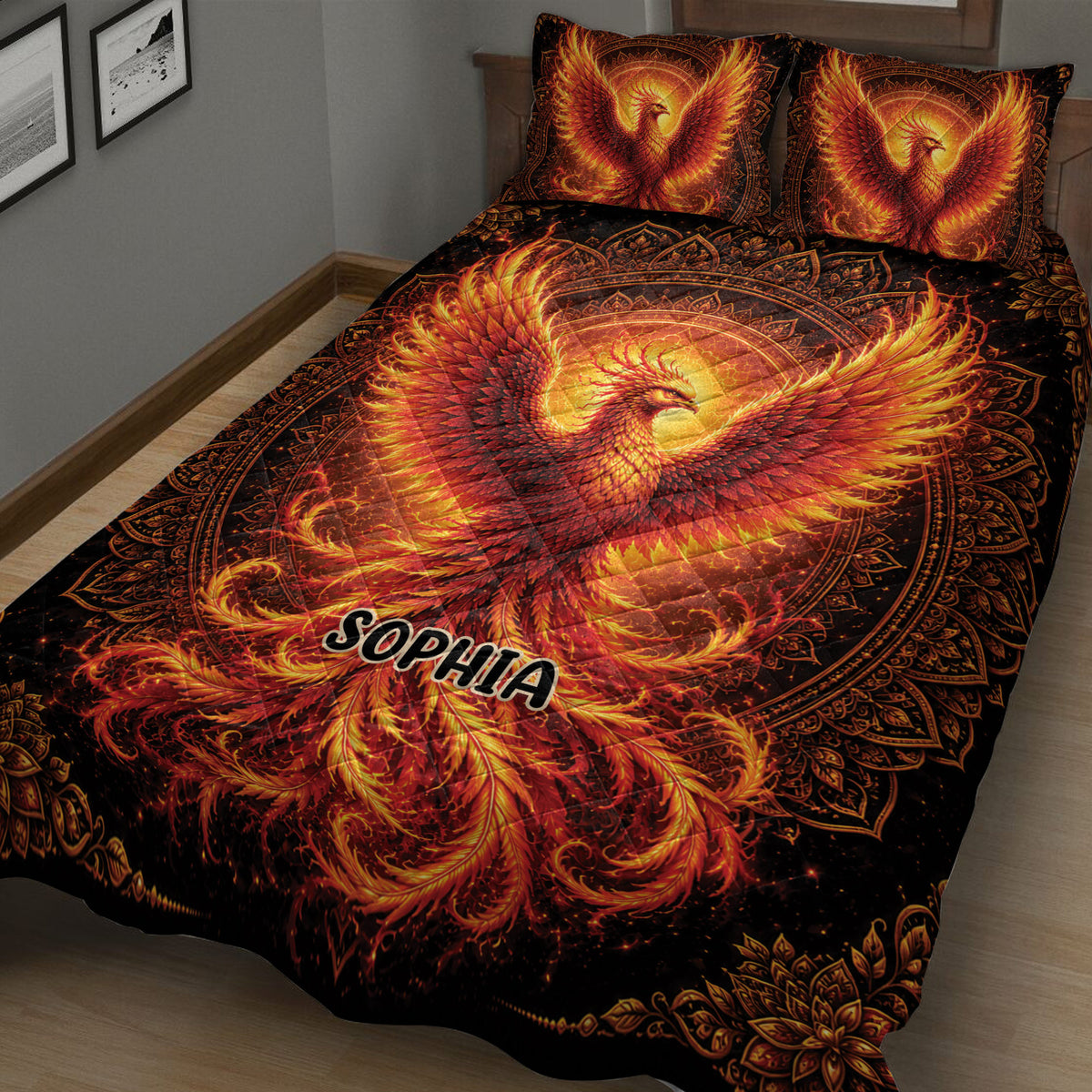 Close bedroom view of a phoenix quilt with glowing wings, ornate patterns and fiery fantasy artwork